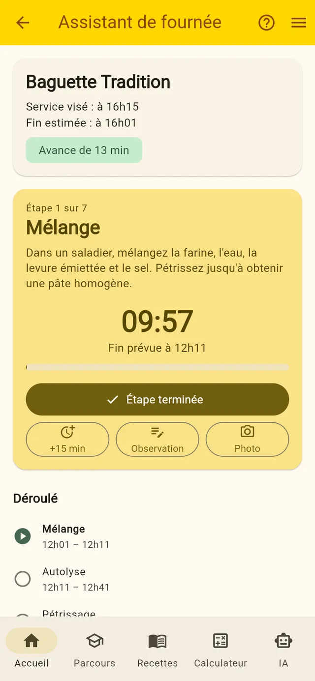 Capture de l'assistant de fournée : étape Mélange avec un minuteur à 09:57, l'heure de fin prévue et le déroulé des étapes horodatées