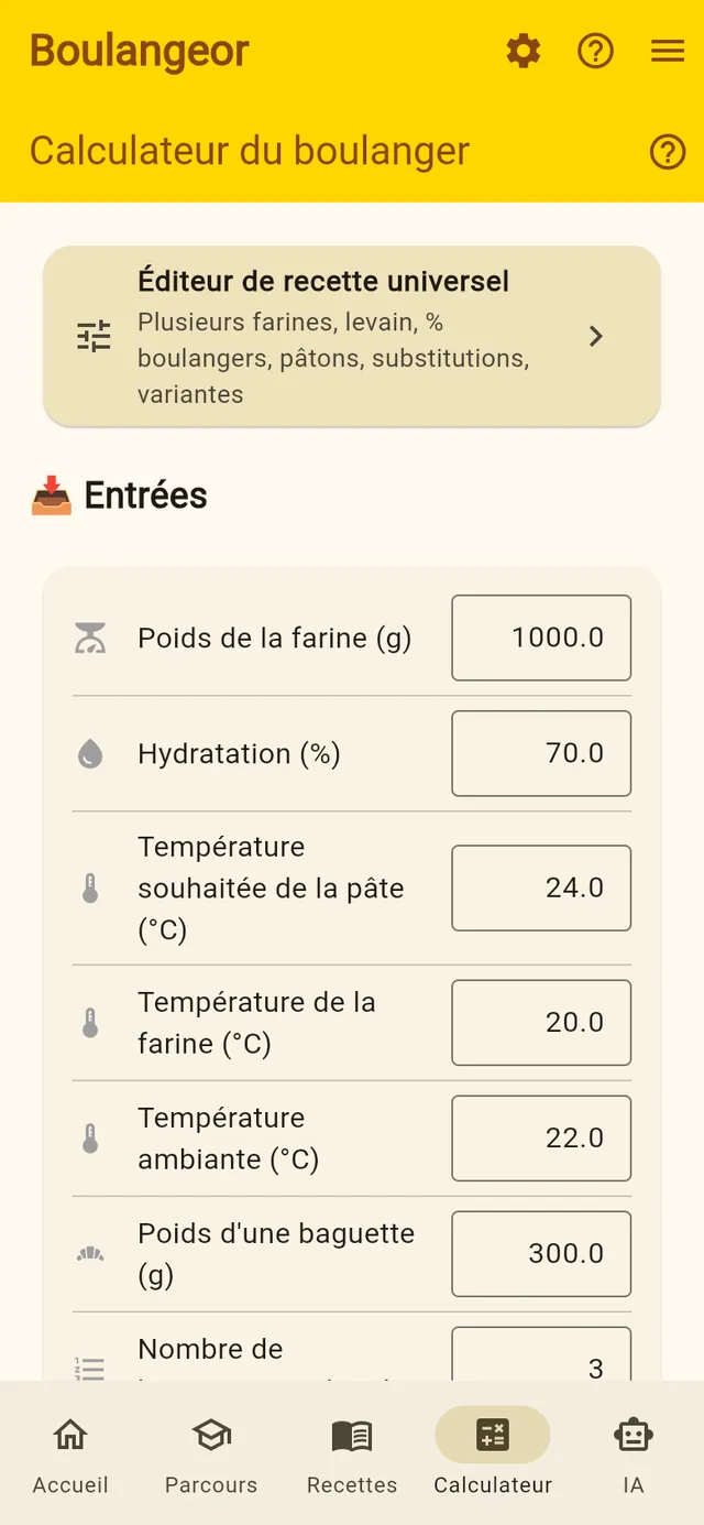 Calculateur du boulanger : poids de farine, hydratation, températures, poids d'une baguette