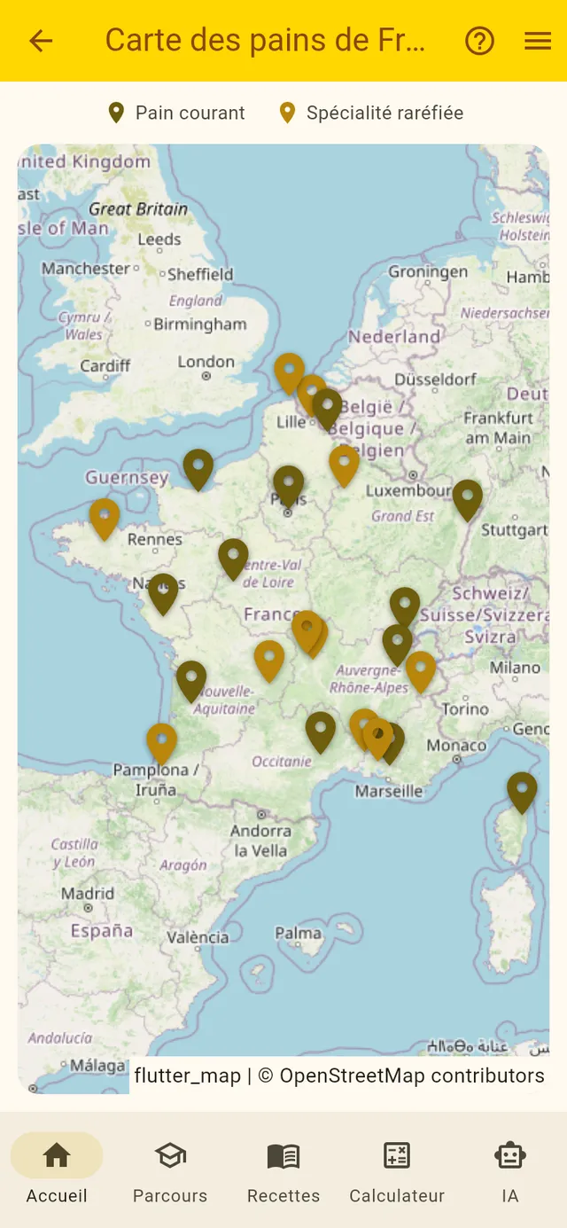 Carte des pains de France avec des repères par région sur fond OpenStreetMap