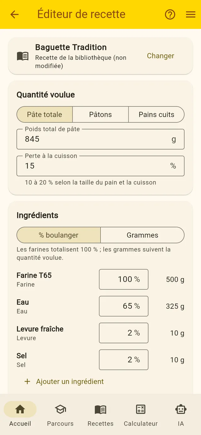 Capture de l'éditeur de recette sur la Baguette Tradition : 845 g de pâte, farine T65 à 100 % soit 500 g, eau 65 % soit 325 g, levure et sel à 2 % soit 10 g