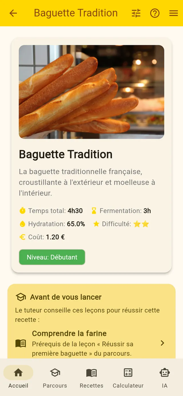Fiche de la Baguette Tradition : temps total 4h30, fermentation 3h, hydratation 65 %, difficulté et coût