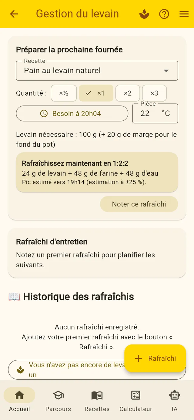 Capture de la gestion du levain : pour un pain au levain naturel, 100 g de levain nécessaires, rafraîchi conseillé en 1:2:2 et pic estimé vers 19h14